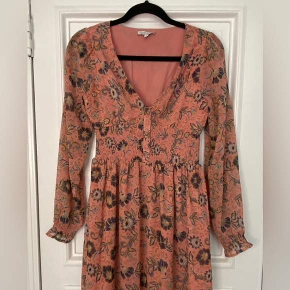 Patrons of Peace Peach Pink Navy Floral Longsleeve Maxi Dress Smock Button Front - Picture 6 of 14